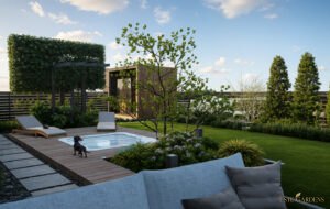 Projekt ogrodu z jacuzzi na tarasie i zielonym ekranem w województwie pomorskim