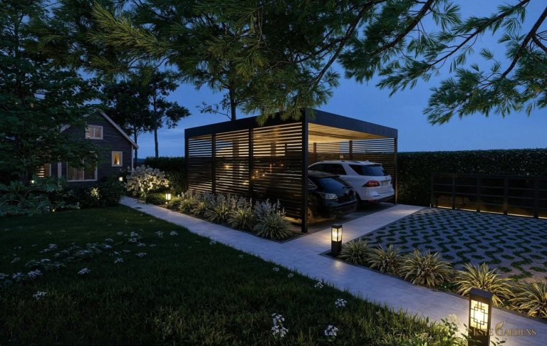 Wizualizacja ogrodu leśnego nocą z wiatą na samochód na Kaszubach (450 m²)