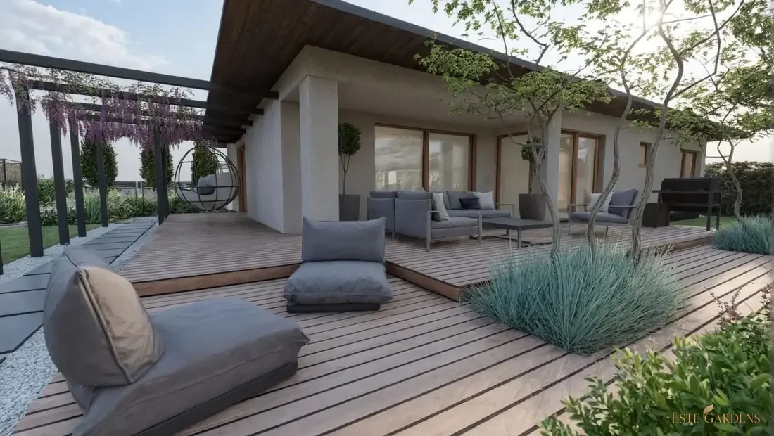 Wizualizacja tarasu z meblami przy domu parterowym w Gdyni Wiczlinie (500 m²)
