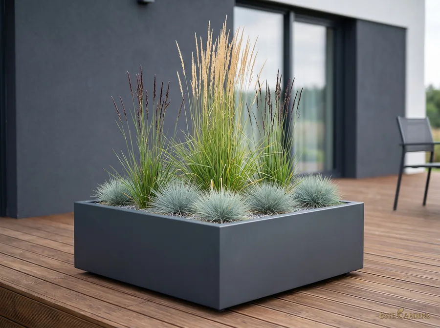 Wizualizacja poglądowa: niska, szeroka donica 80 × 80 × 40 cm z trawami ozdobnymi i niebieską kostrzewą na drewnianym tarasie – projekt „Trawy na tarasie”, Este Gardens