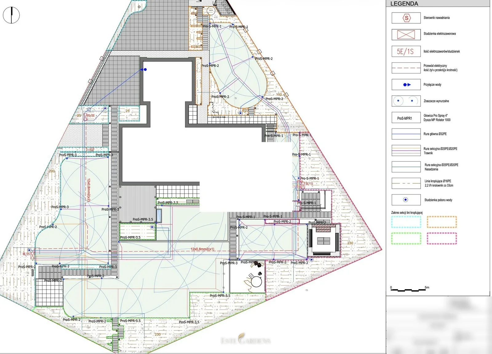 Projekt instalacji nawadniania ogrodu Este Gardens – rzut działki z rozmieszczeniem zraszaczy, linii kroplujących i legendą