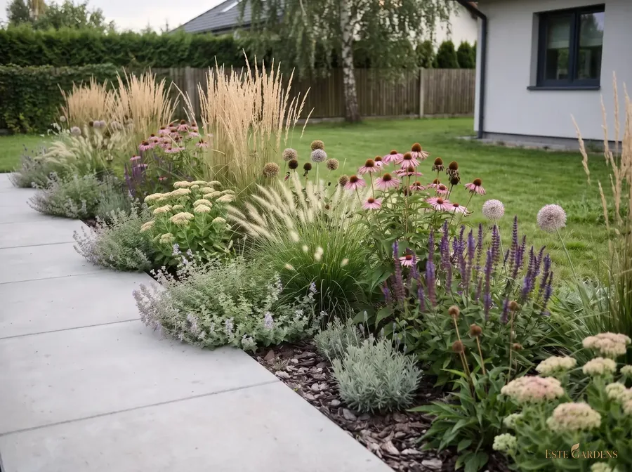 Wizualizacja poglądowa, wersja 5 m²: rabata z trzcinnikiem, jeżówką, szałwią i lawendą przy tarasie, w słońcu – gotowy projekt Este Gardens