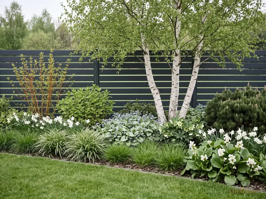 Wizualizacja poglądowa, wersja 5 m²: rabata z wielopienną brzozą himalajską przy ciemnym ogrodzeniu – gotowy projekt Este Gardens
