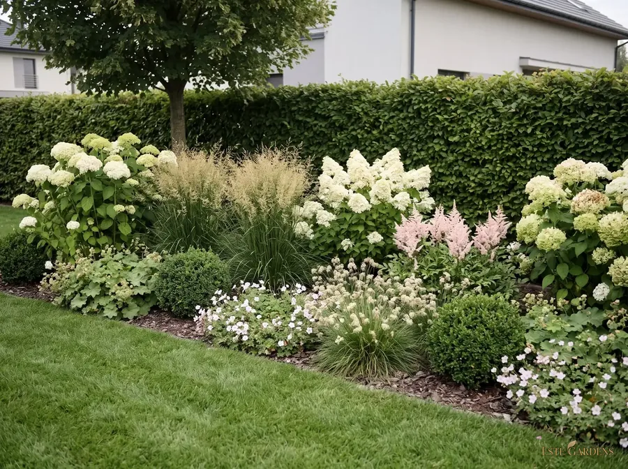 Wizualizacja poglądowa, wersja 5 m²: rabata z białymi hortensjami bukietowymi i krzewiastymi, tawułkami i śmiałkiem w półcieniu – gotowy projekt Este Gardens