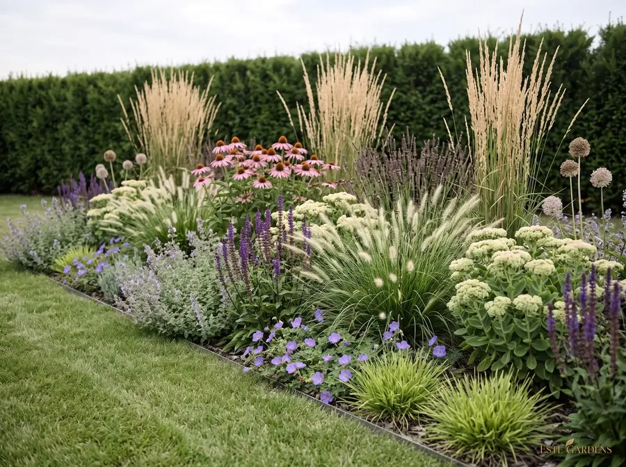 Wizualizacja poglądowa, wersja 5 m²: nowoczesna rabata z trawami ozdobnymi, szałwią, kocimiętką i jeżówką – gotowy projekt Este Gardens