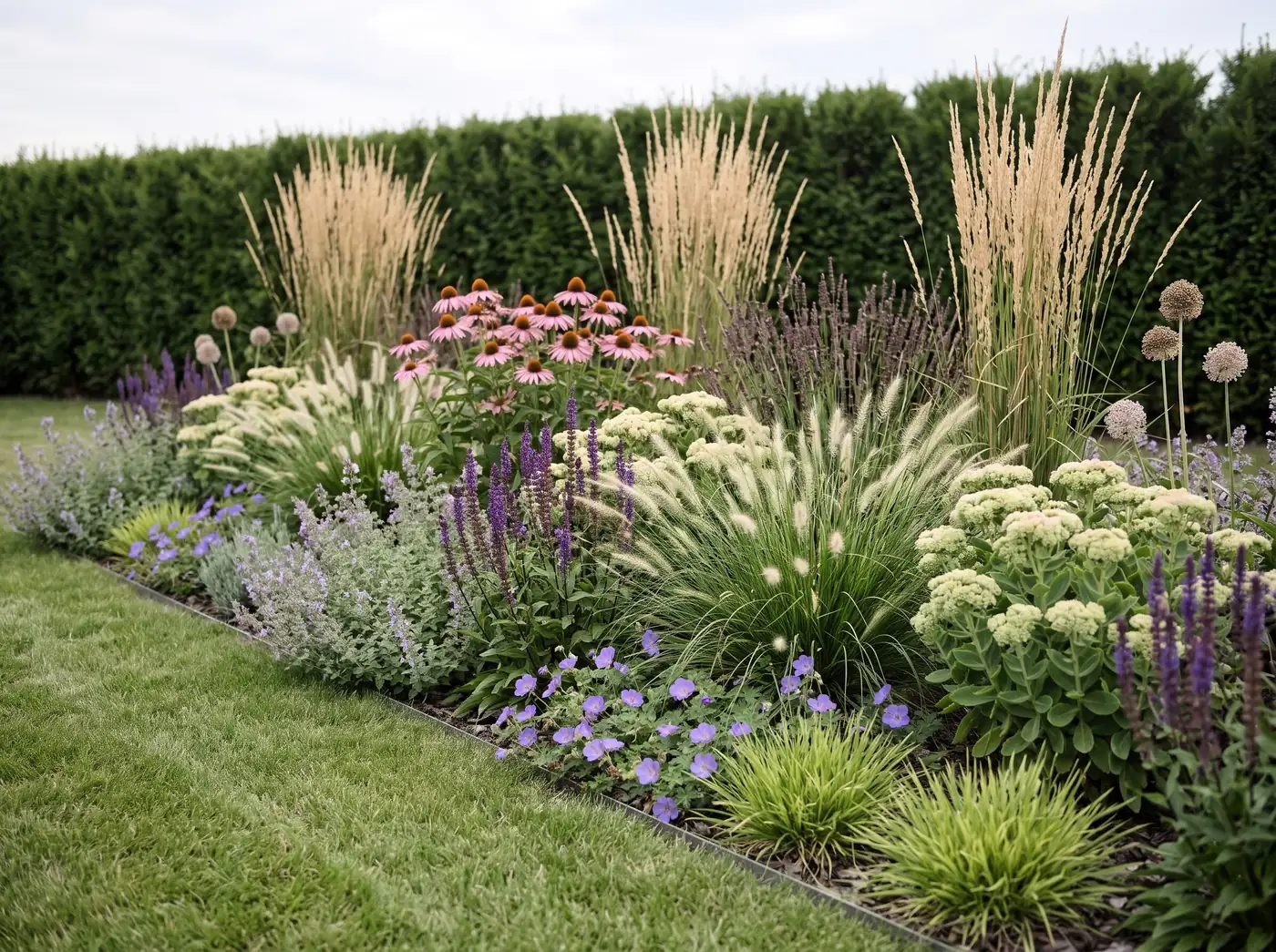 Wizualizacja poglądowa, wersja 5 m²: nowoczesna rabata z trawami ozdobnymi, szałwią, kocimiętką i jeżówką – gotowy projekt Este Gardens