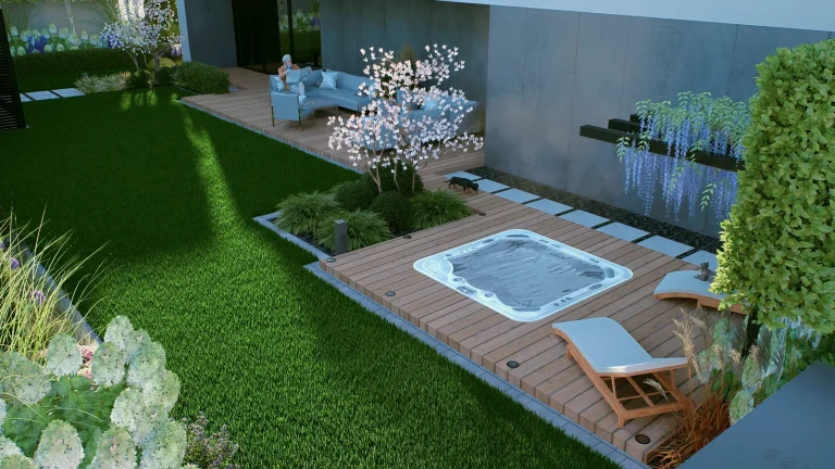 Kadr z wirtualnego spaceru 3D: drewniany taras z jacuzzi, trawnik i kwitnąca magnolia przy nowoczesnym domu