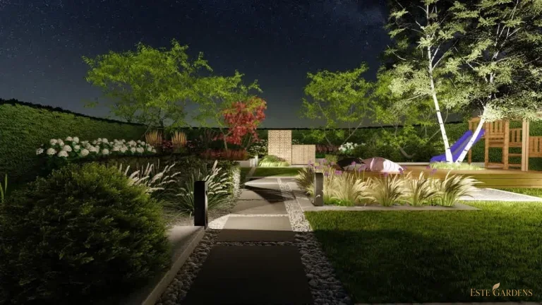 Wizualizacja 3D oświetlenia ogrodu – projekt Este Gardens: podświetlone drzewa i słupki wzdłuż ścieżki