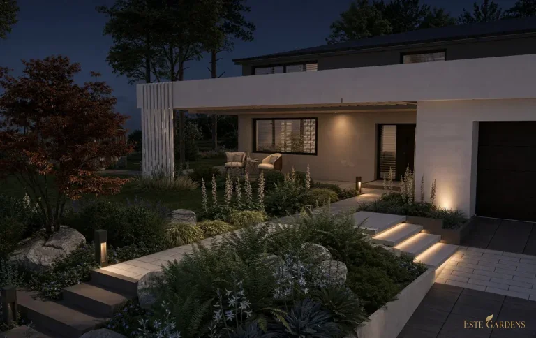 Wizualizacja 3D oświetlenia ogrodu – projekt Este Gardens: podświetlona elewacja domu i schody z LED