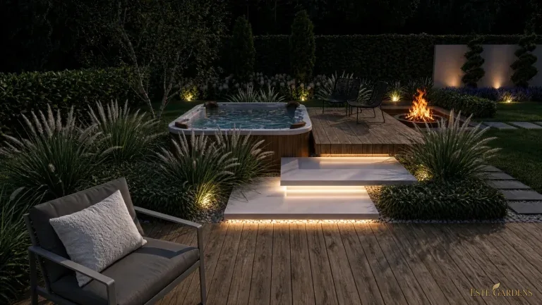 Wizualizacja 3D oświetlenia ogrodu – projekt Este Gardens: jacuzzi na tarasie z podświetlonymi stopniami