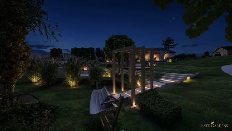 Wizualizacja 3D oświetlenia ogrodu – projekt Este Gardens: drewniana pergola, schody ze światłem i reflektory przy trawach