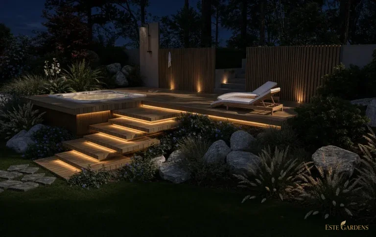 Wizualizacja 3D oświetlenia ogrodu – projekt Este Gardens: schody z oświetleniem LED prowadzące do jacuzzi