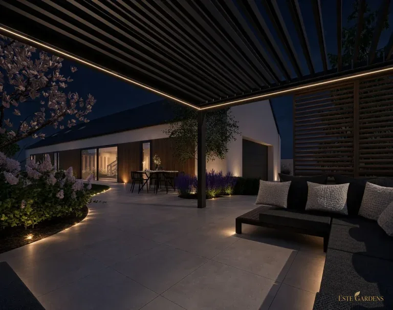 Wizualizacja 3D oświetlenia ogrodu – projekt Este Gardens: taras pod pergolą z taśmą LED i lampami przy nawierzchni