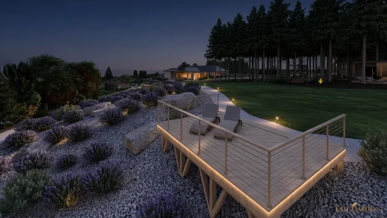 Wizualizacja 3D oświetlenia ogrodu – projekt Este Gardens: drewniany taras widokowy z LED w obrzeżu wśród lawend