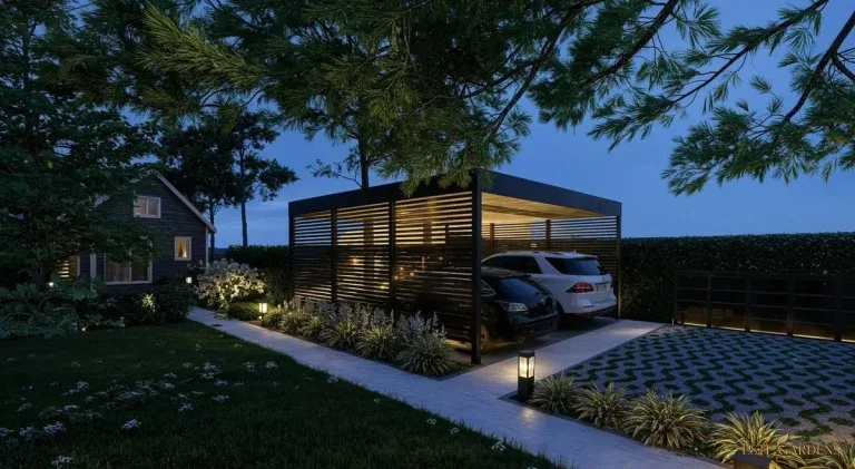 Wizualizacja 3D oświetlenia ogrodu – projekt Este Gardens: słupki oświetleniowe przy ścieżce do wiaty garażowej